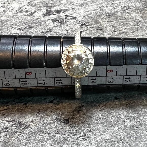 Size 7 ring, stamped 55, clear stones silver color band - Picture 3 of 11